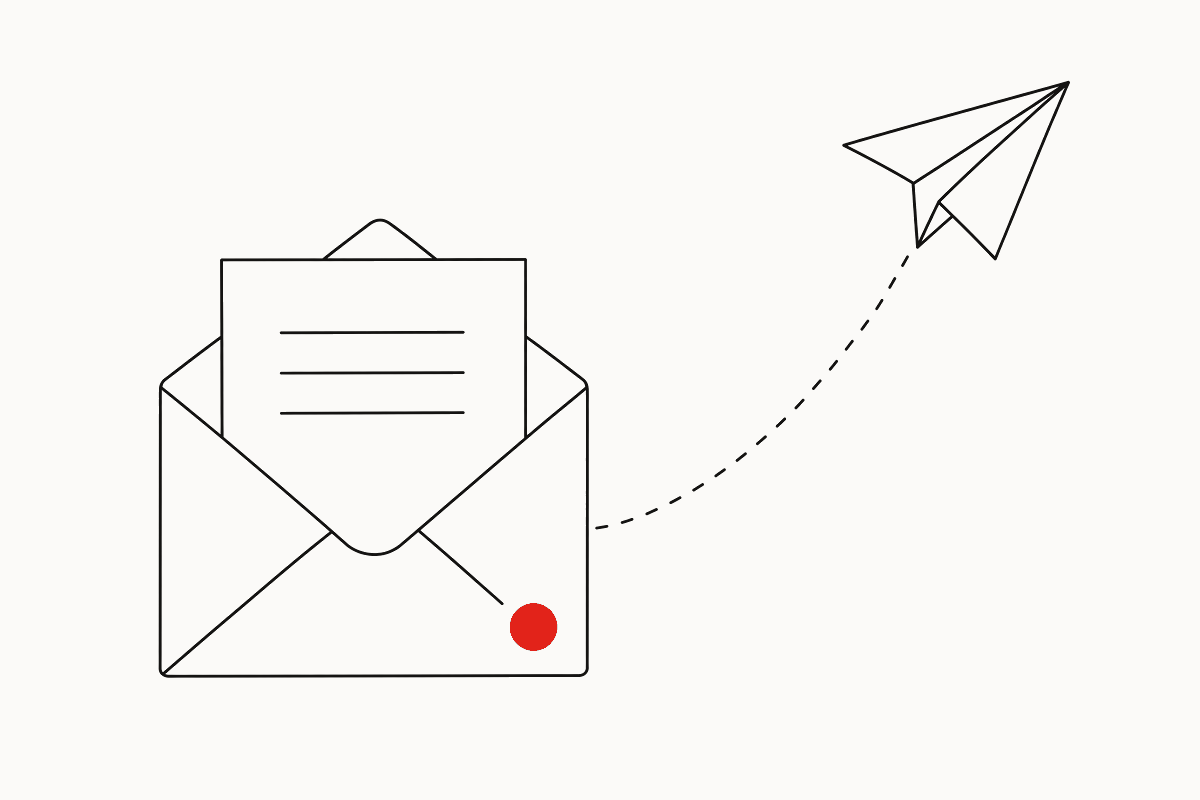 Ilustración: un sobre abierto con una carta y un avión de papel alejándose